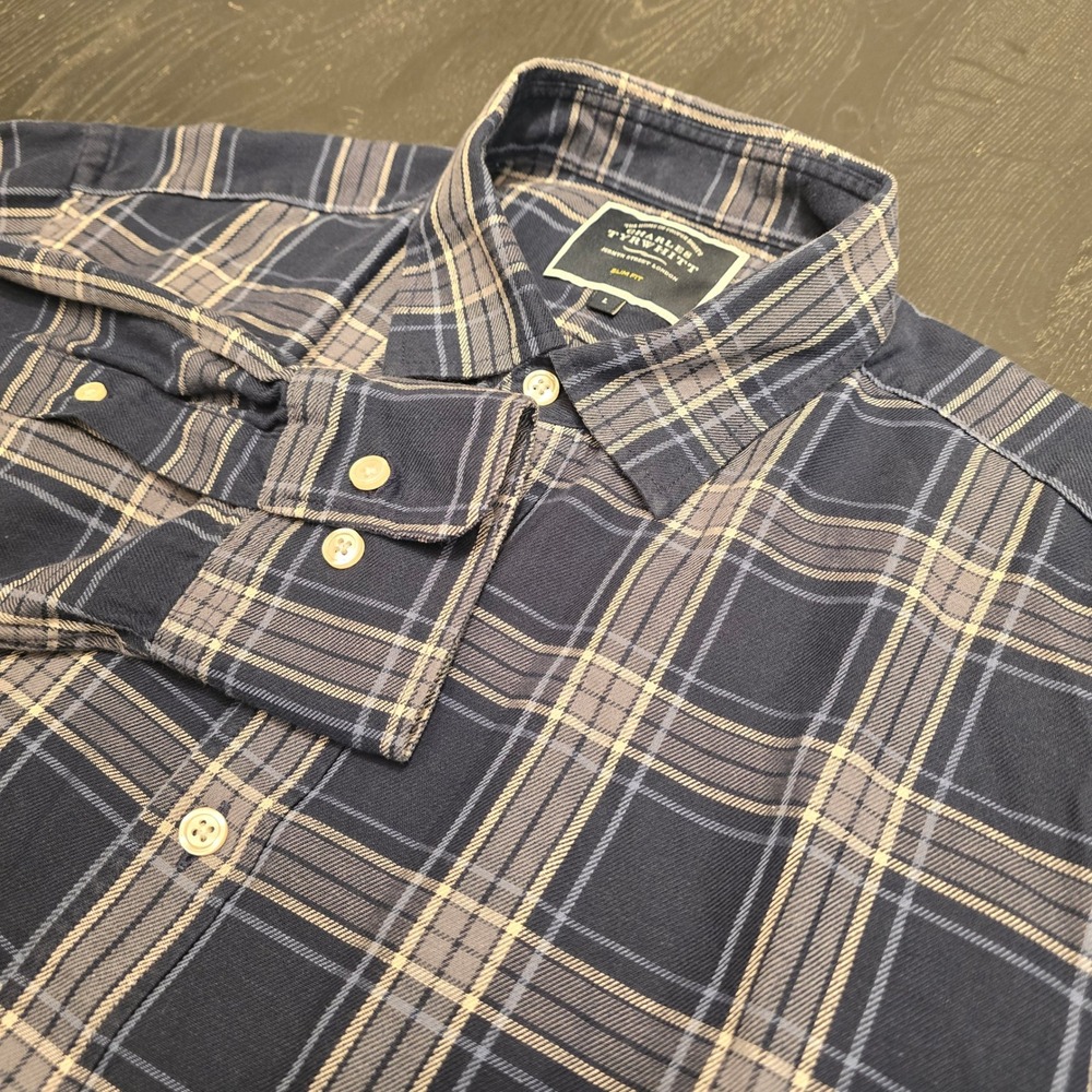 Charles Tyrwhitt Mens Slim Fit Plaid Button‎ Down Shirt Navy Blue Cotton Linen L